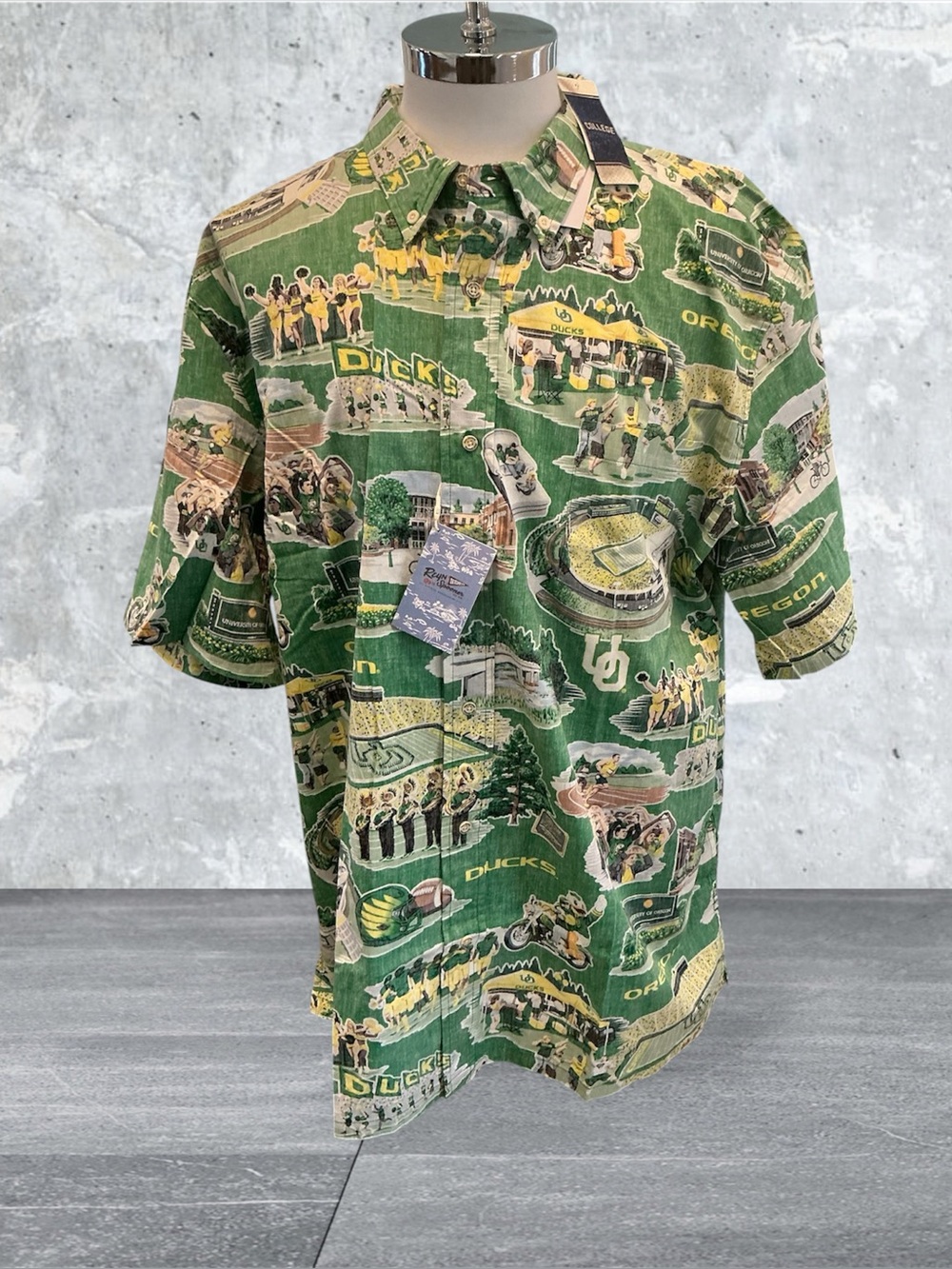 Reyn Spooner 3X University Of Oregon Ducks Collage Hawaiian Reverse Print Shirt